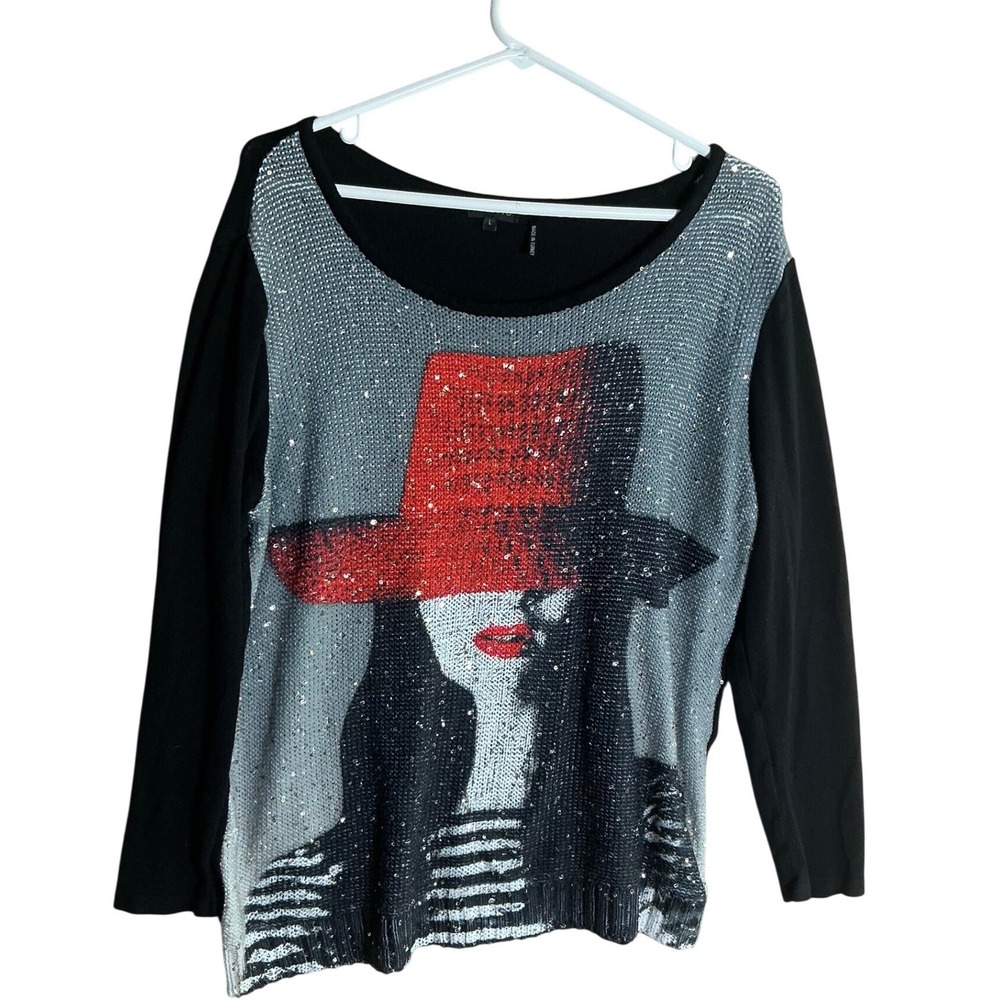 Tricotto Womens Large Black Red Hat‎ Sequin Graphic Long Sleeve Knit Top Turkey - Picture 2 of 11
